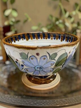 Ken Edwards Tonala Mexico Pottery Stoneware Pedestal Bowl Folk Art Birds Vintage
